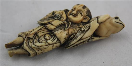 Two Japanese ivory netsuke of Sennin, 5.7cm, losses to feet